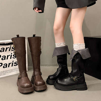 棕色美拉德骑士靴厚底马丁靴