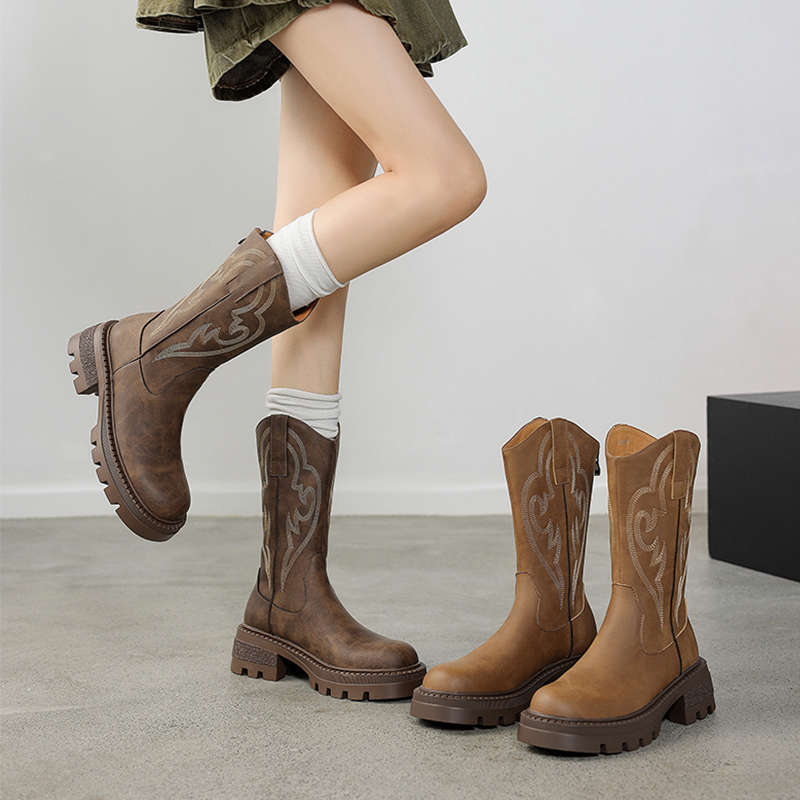 棕色刺绣复古西部牛仔靴女