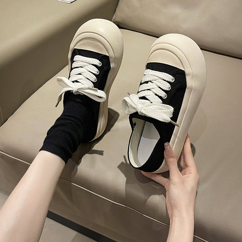 丑萌大头面包鞋女百搭chic鞋子2024年春秋新款两穿踩脚厚底帆布鞋