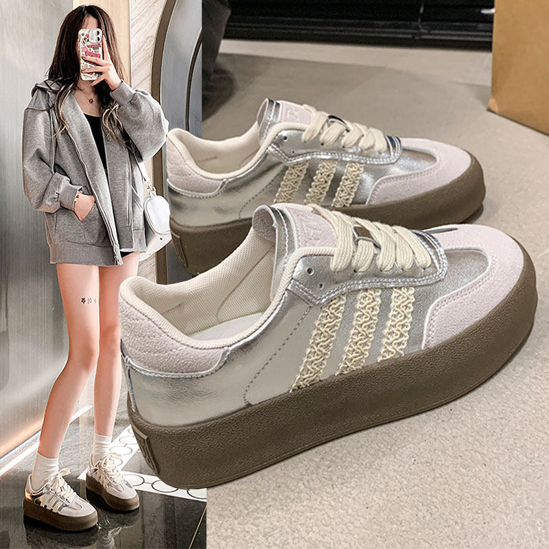 厚底德训鞋女款2025年春秋新款圆头百搭休闲阿甘鞋银色运动板鞋子,女鞋,时尚休闲鞋,淘宝优惠券,粉丝福利购,淘宝优惠卷