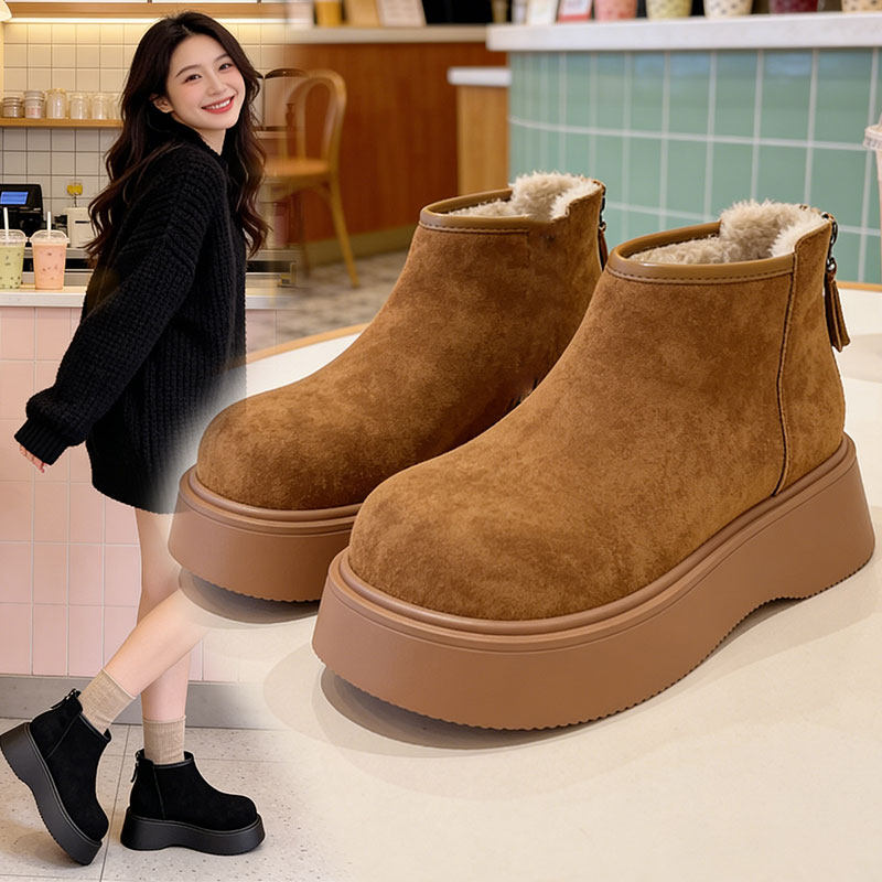 圆头短靴女保暖雪地靴女2025新款秋冬季厚底学生百搭加厚加绒棉鞋,女鞋,时尚雪地靴,淘宝优惠券,粉丝福利购,淘宝优惠卷