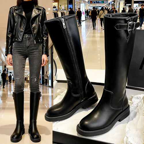 爆款黑色英伦风粗跟长筒靴女