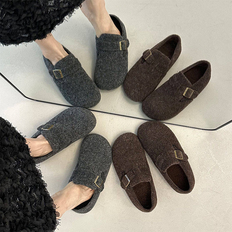 毛呢料增高一脚蹬加绒保暖勃肯鞋子女2025秋冬棉鞋平底灰色毛毛鞋,女鞋,深口单鞋,淘宝优惠券,粉丝福利购,淘宝优惠卷