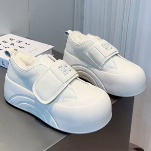 加绒厚底大头百搭面包鞋 新款 ins潮 女2025年冬季 百搭魔术贴小白鞋