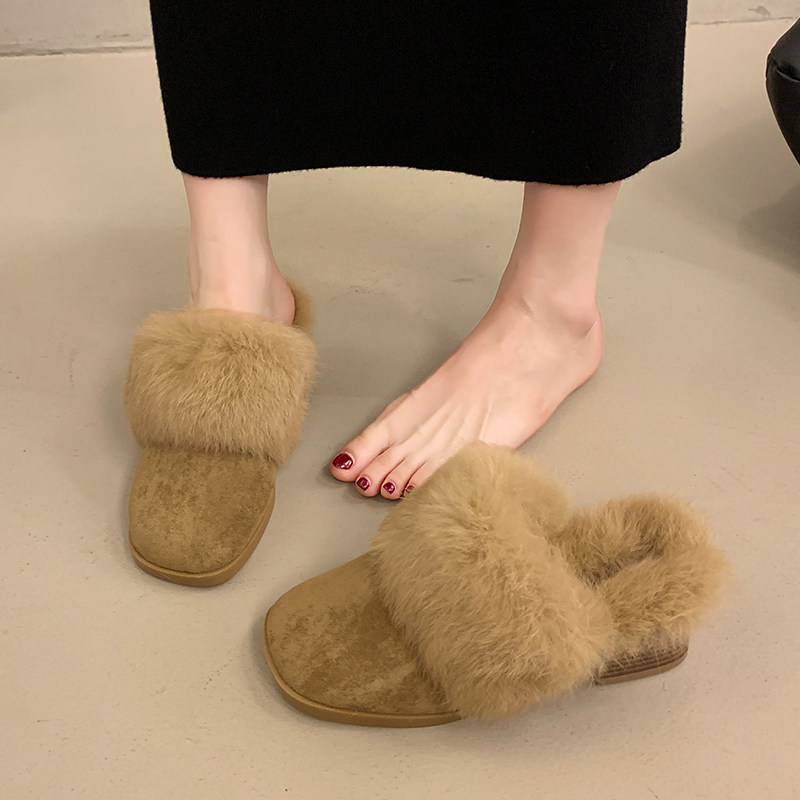 法式慵懒风粗高跟包头毛毛拖鞋