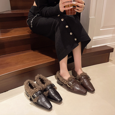 高跟鞋加绒玛丽珍尖头单鞋毛毛鞋