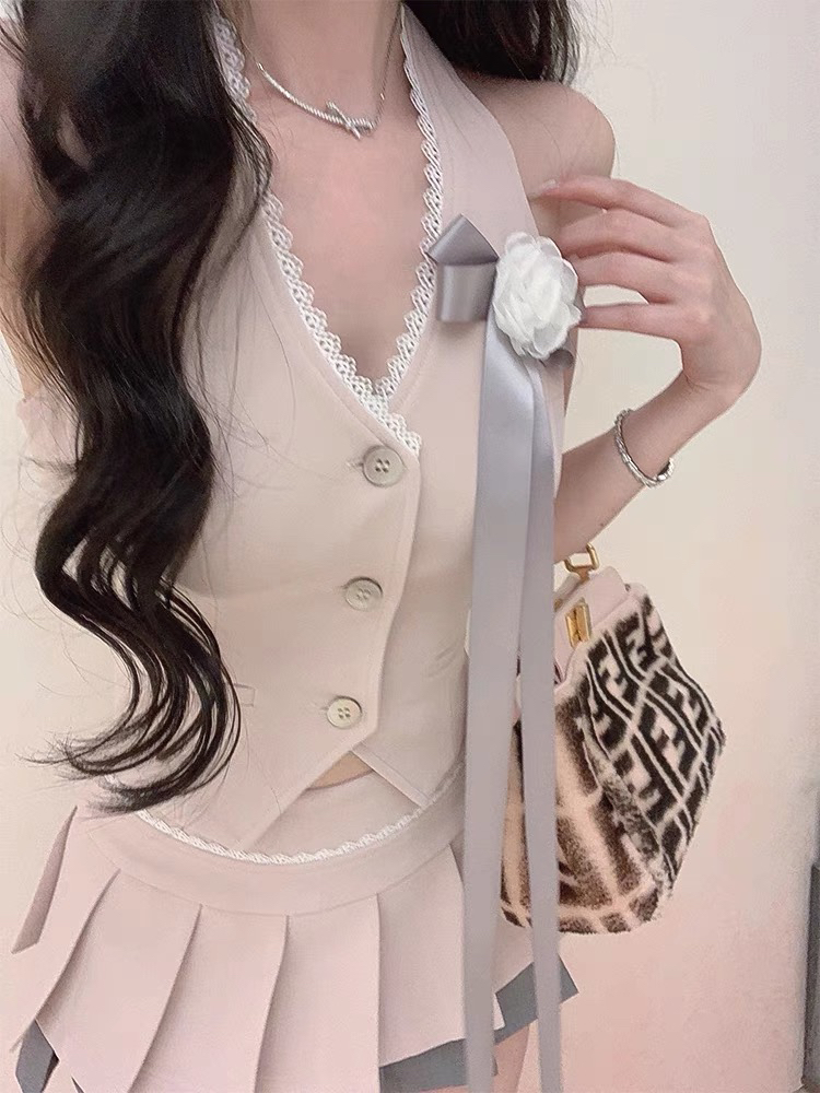 夏季韩系纯欲风学院套装裙露背收腰挂脖上衣+撞色ins显瘦半身裙女