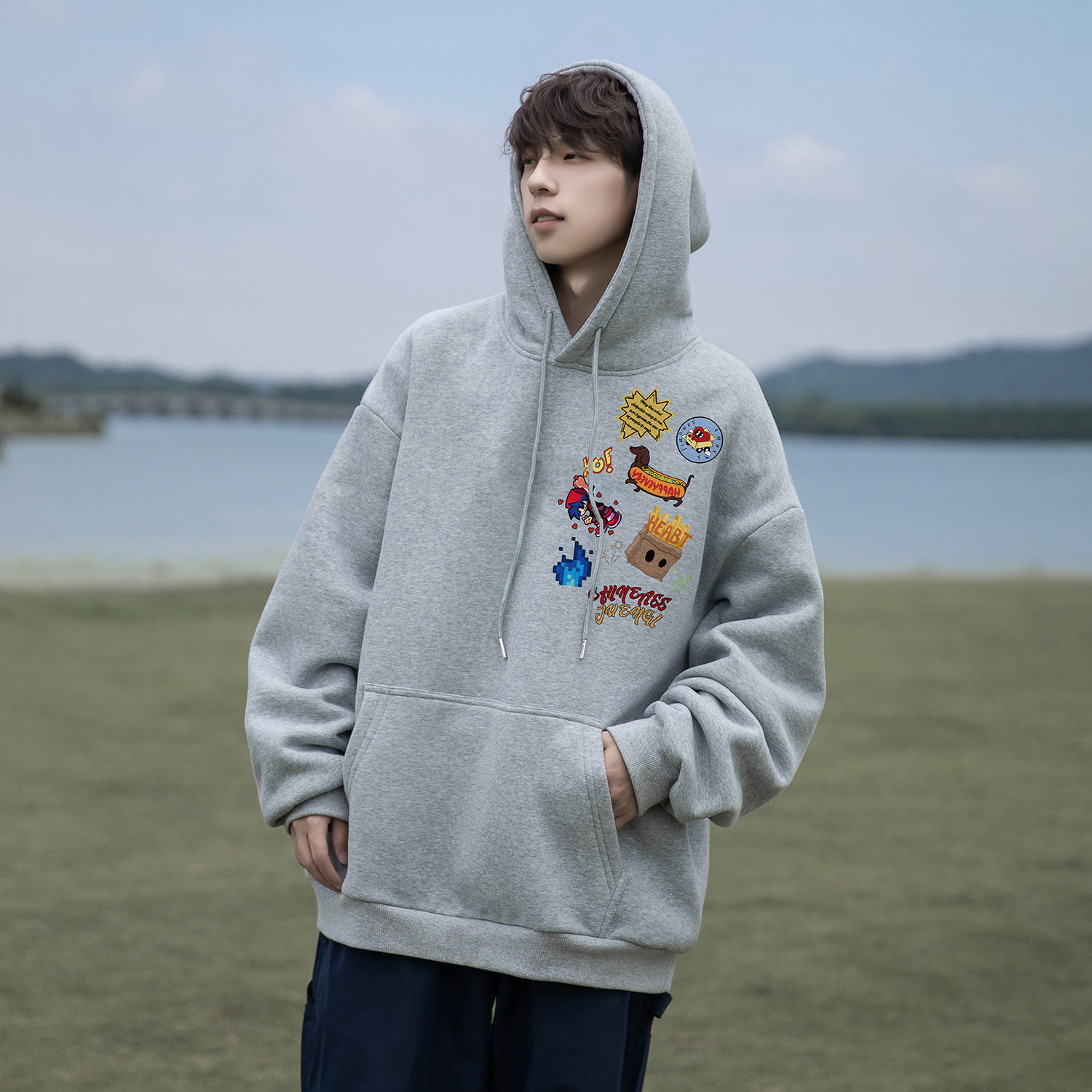 个性涂鸦连帽卫衣男春秋季日系cityboy户外学生帅气潮流重磅外套,男装卫衣,电商A336