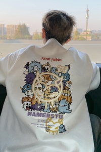 卡通印花麂皮绒圆领短袖T恤男夏季美式复古潮牌青少年痞帅半截袖图片