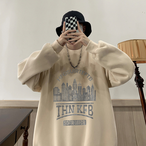 WASSUP HAPPY杏色美式复古卫衣男秋季潮牌宽松情侣加绒重磅上衣服图片