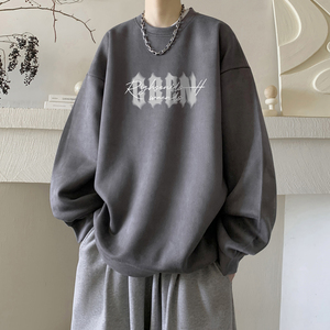 美式高街圆领卫衣男秋季潮牌字母印花设计感重磅纯棉黑色长袖T恤图片
