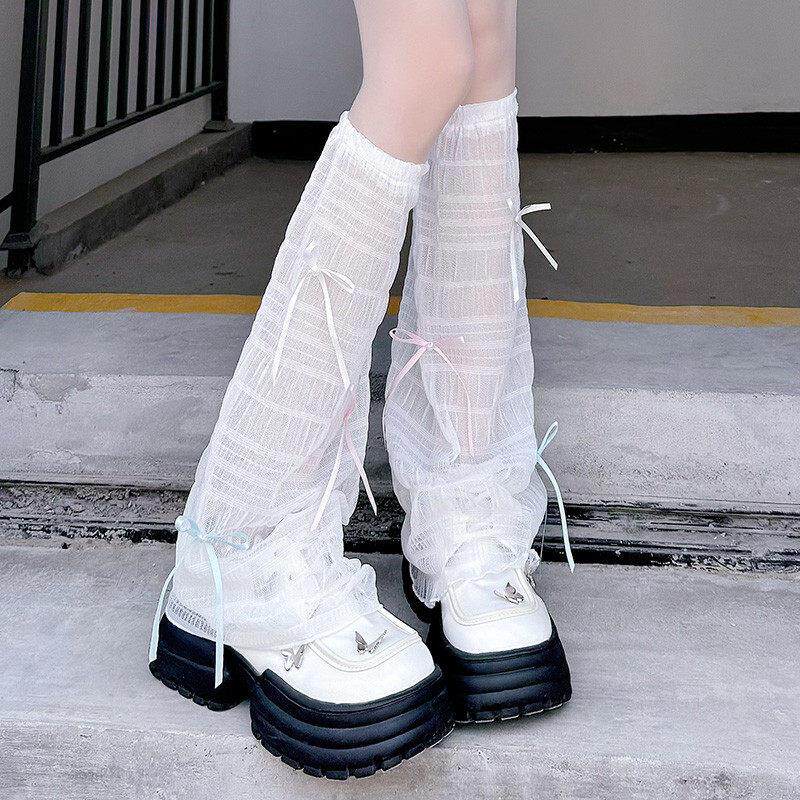 网纱袜套甜美蝴蝶结纯欲小腿袜套夏季中筒蕾丝袜子女堆堆袜芭蕾风