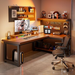 实木转角电脑桌卧室家用台式 书桌书架一体双人电竞桌拐角办公桌子