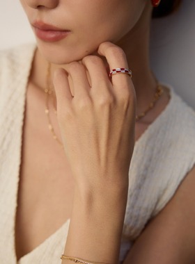 滴釉戒指女S925银红蓝撞色棋盘格开口戒指冷淡风小众轻奢高级感