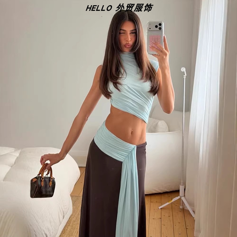 Crop Top and Half-Length Skirt Color-Block Set露脐上衣半身裙图片