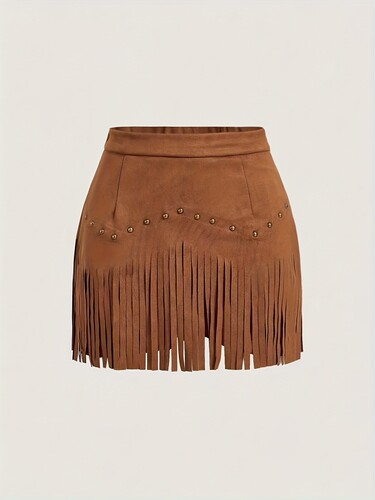 rivet tassel imitation suede skirt 复古铆钉流苏仿麂皮绒A字裙