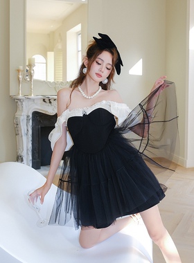 2023年春季新款ALALA EMELIA小众小香风黑系撞色蓬蓬高腰款连衣裙