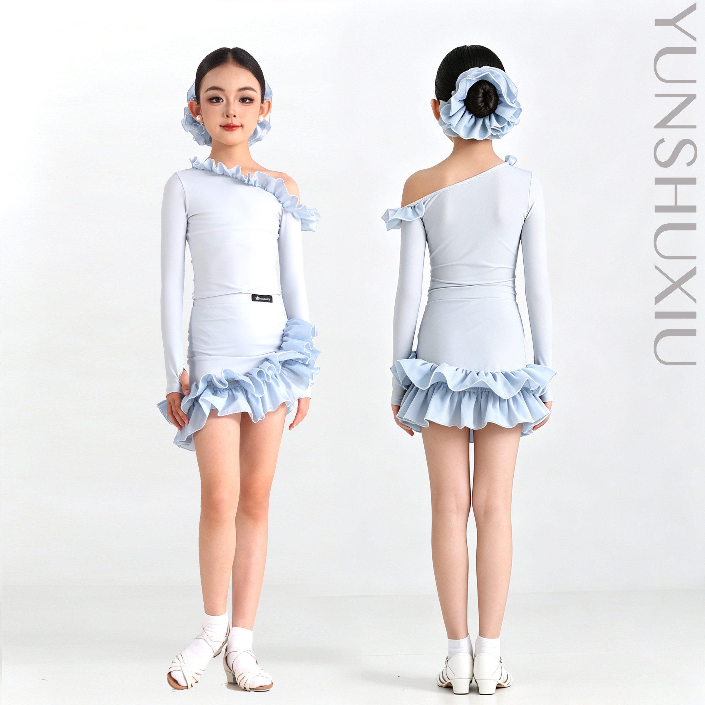 YSX云舒袖|儿童拉丁舞班服练习服推荐梦幻高品质花边单肩斜摆套装