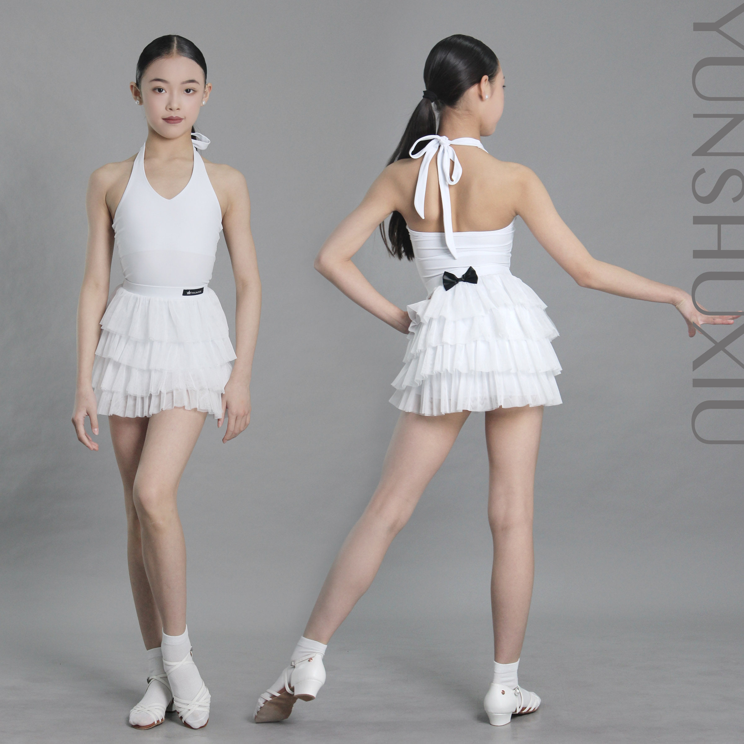 YSX云舒袖|儿童拉丁舞练功服表演服白色挂脖气质网纱蛋糕裙夏季