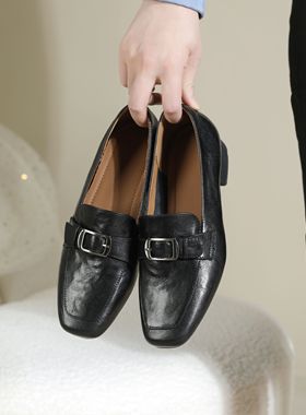 卓怡女鞋2025年春季新款真皮软底舒适中口低粗跟四季鞋单鞋08067