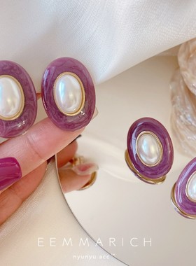 复古宫廷风紫色vintage古董珍珠耳环网红巴洛克耳钉耳夹无耳洞女