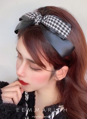 韩国复古法式黑色千鸟格布艺大蝴蝶结弹簧夹顶夹珍珠发夹发箍头饰