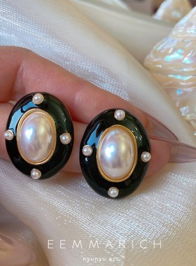复古vintage港风气质黑色珐琅珍珠耳环ins纽扣古董耳钉耳夹无耳洞