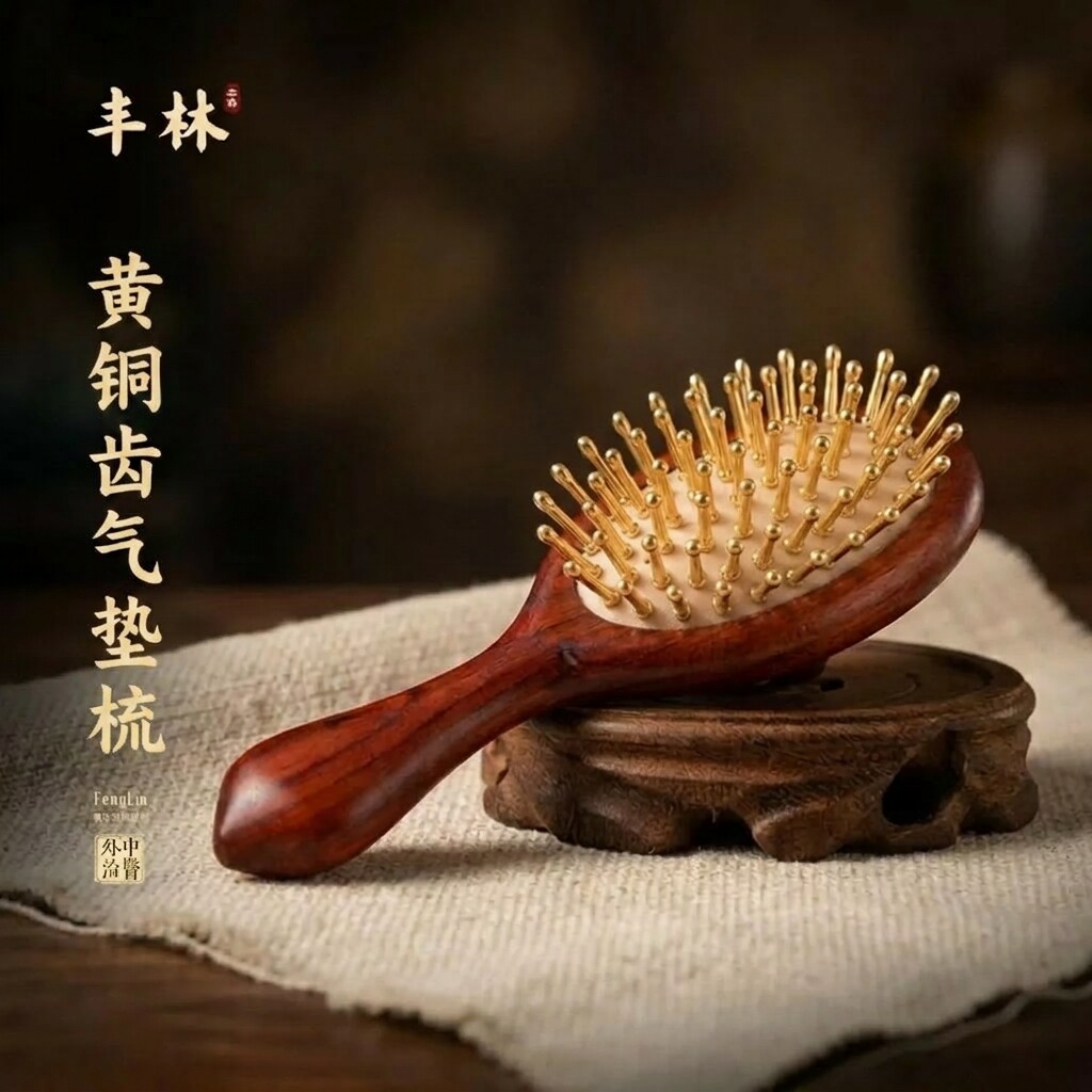 丰林檀木黄铜气垫梳头皮按摩头部不起静电气囊梳便携养生护发梳