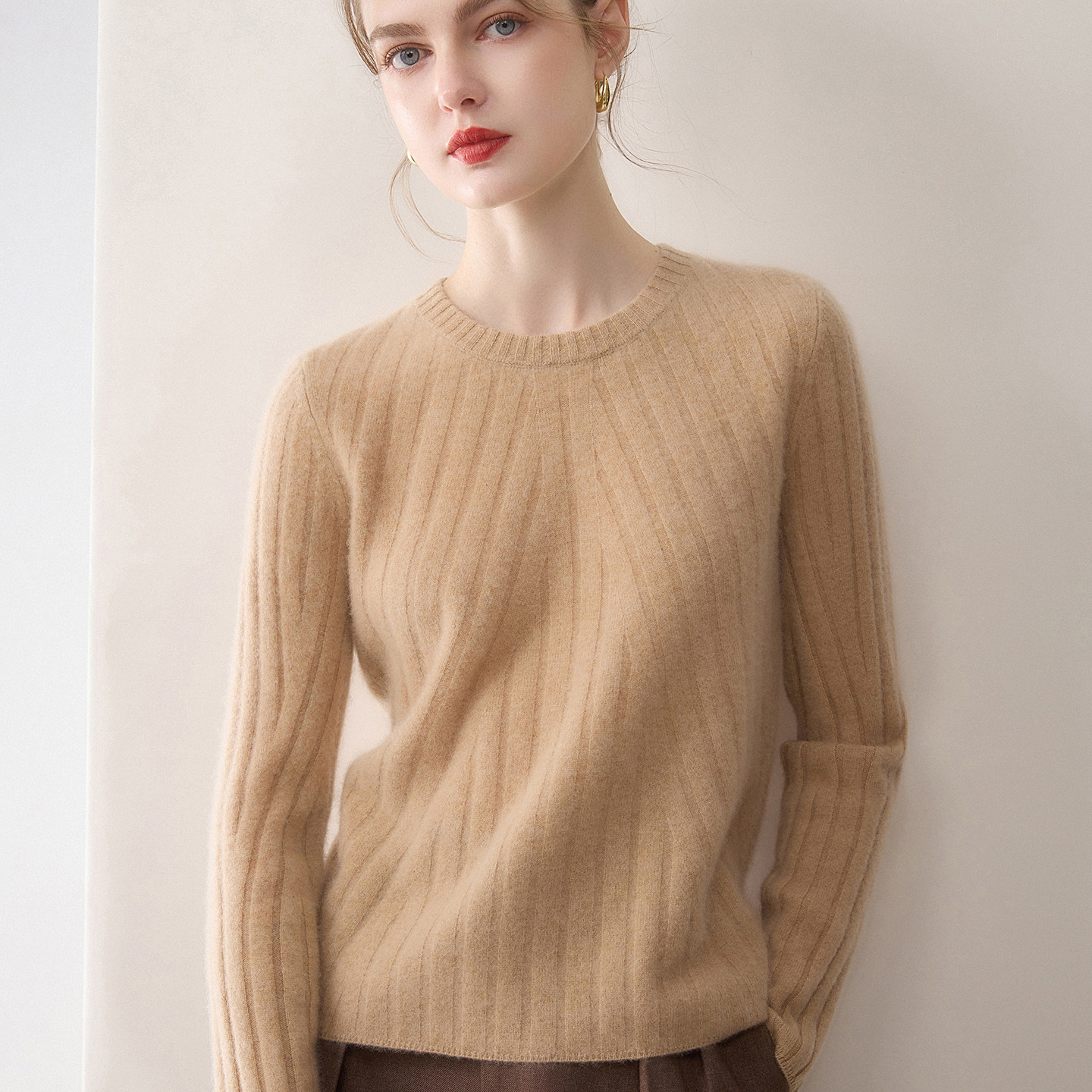 小禾同款坑条圆领100%山羊绒衫女长袖宽松套头针织毛衣通勤打底衫,女装/女士精品,羊绒衫,淘宝优惠券,粉丝福利购,淘宝优惠卷