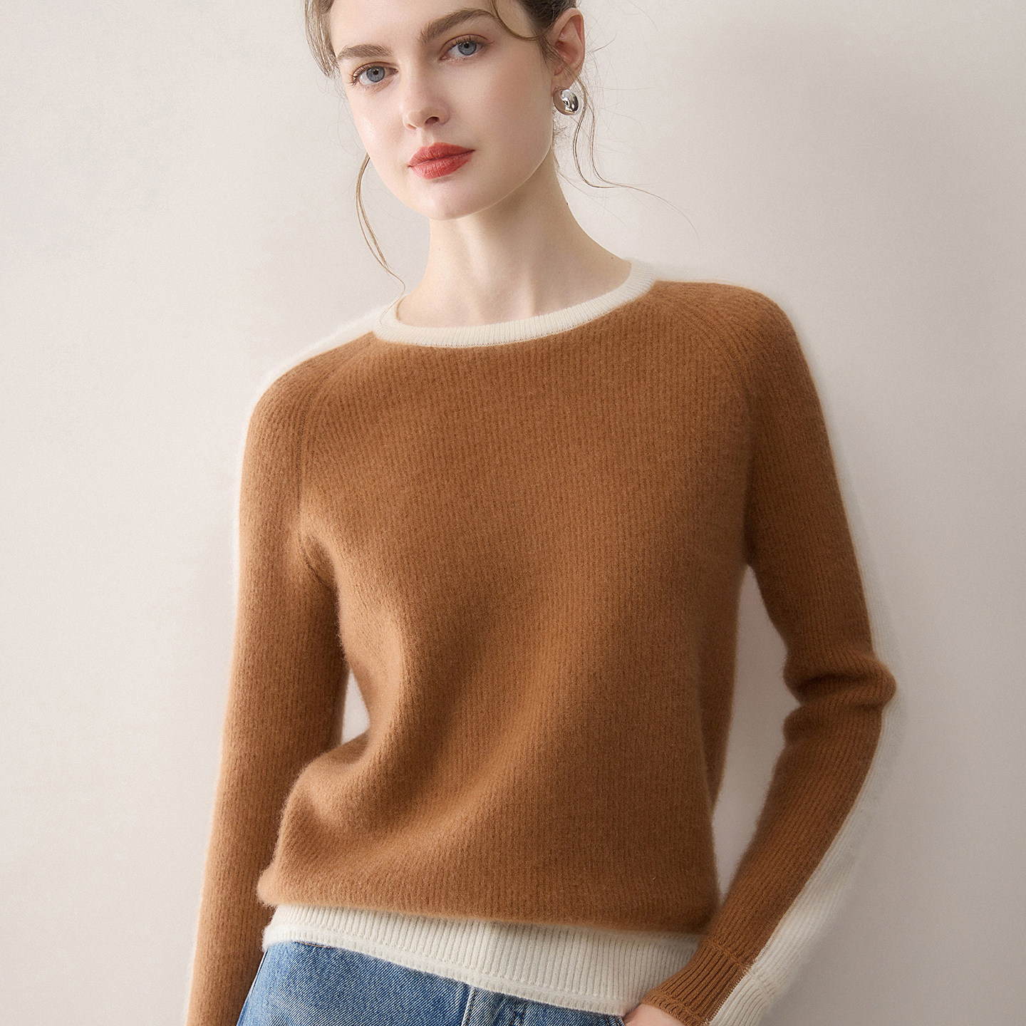 撞色100%纯山羊绒衫女圆领套头长袖保暖针织衫元宝针百搭打底毛衣,女装/女士精品,羊绒衫,淘宝优惠券,粉丝福利购,淘宝优惠卷