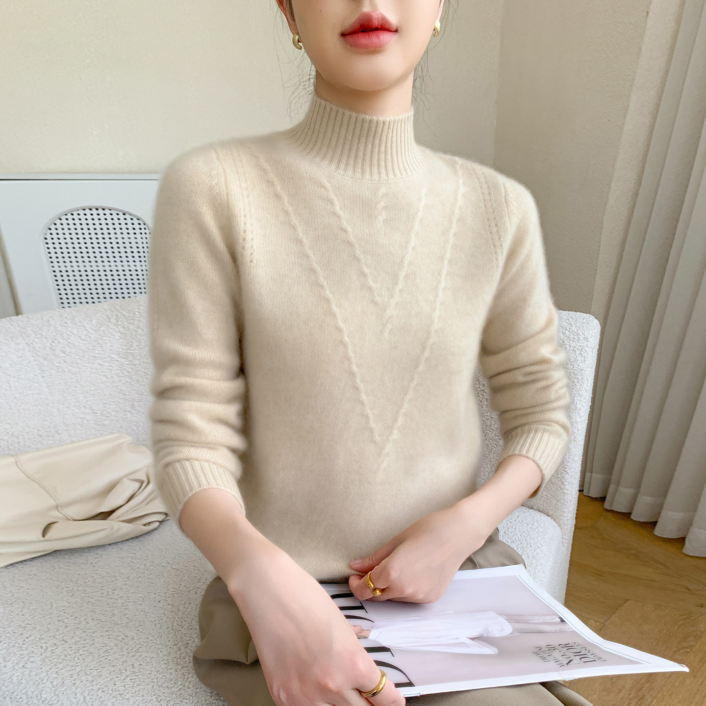 奶油风半高领山羊绒衫女加厚套头扭花针织毛衣秋冬新款保暖打底衫,女装/女士精品,毛针织衫,淘宝优惠券,粉丝福利购,淘宝优惠卷