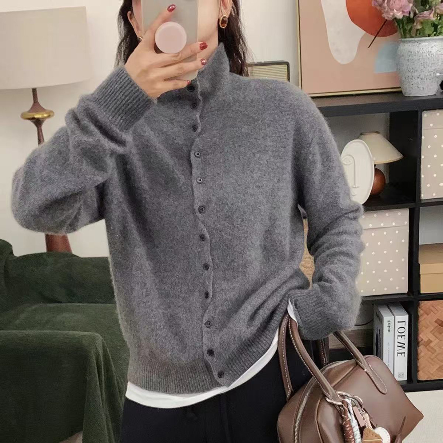 设计感不规则纽扣高领山羊绒开衫女针织衫外搭优雅风气质毛衣外套,女装/女士精品,毛针织衫,淘宝优惠券,粉丝福利购,淘宝优惠卷