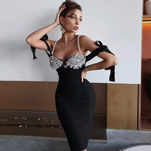 珍珠钻饰低胸吊带连衣裙性感宴会晚礼服birthday bandage dress