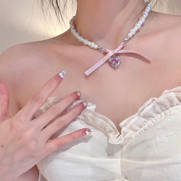French romantic love bow Pearl necklace sweet jewelry项链 - 实物图