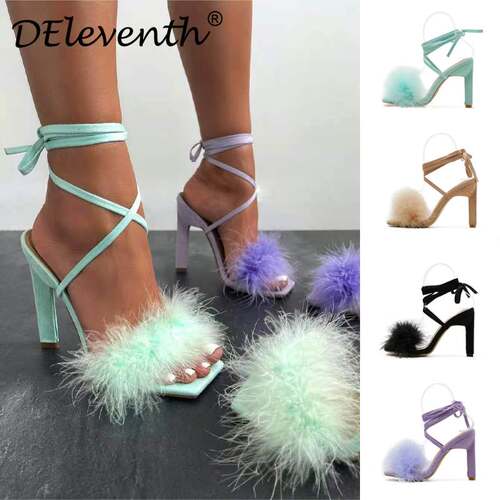 High Heels Sandals woman shoes女士毛毛交叉绑带露趾细高跟凉鞋