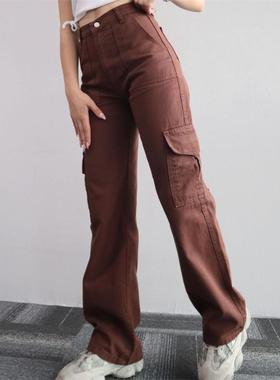 Straight Leg Cargo Pants Women HighWaist Baggy Trousers Lady