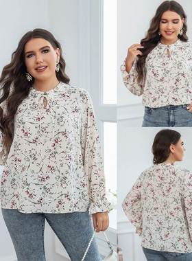 plus size women t shirt floral tops 大码女装白色碎花T恤上衣