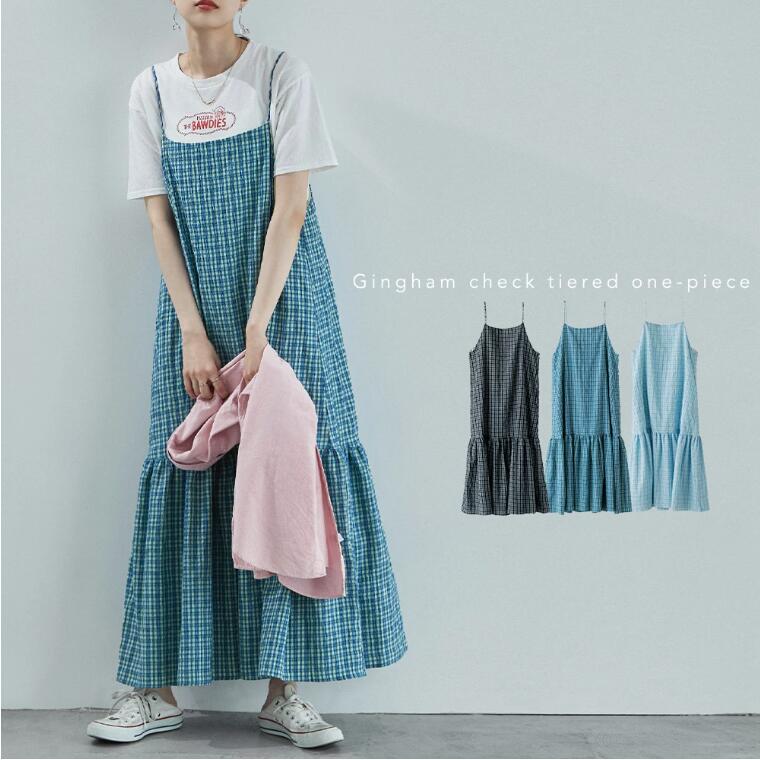 Long skirt with suspenders日系甜美吊带格纹宽松型长裙淑女夏季