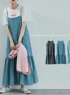 Long skirt with suspenders日系甜美吊带格纹宽松型长裙淑女夏季