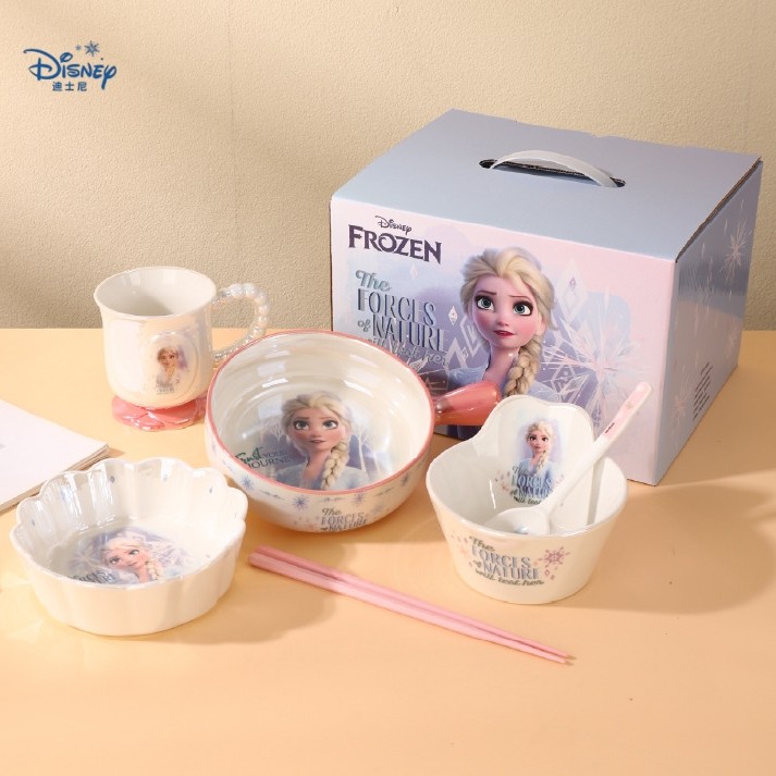 艾莎公主陶瓷碗Elsa儿童餐具套装礼盒冰雪奇缘勺子水杯幼儿园礼物