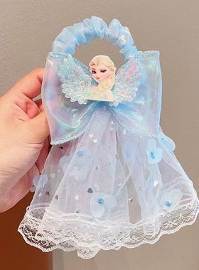 艾莎公主发圈卡通蝴蝶结女童超仙冰雪奇缘Elsa女王头纱网纱头饰蓝