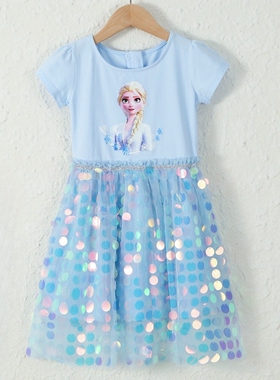 女童冰雪奇缘连衣裙夏洋气棉短袖艾莎公主亮片蓝色亮晶晶儿童装新