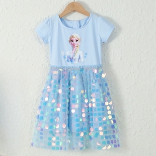 女童冰雪奇缘连衣裙夏洋气棉短袖艾莎公主亮片蓝色亮晶晶儿童装新