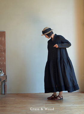 Grass&Wood亚麻复古廓形长裙阔摆长袖连衣裙黑色经典开襟外套风衣
