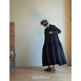 Grass&Wood亚麻复古廓形长裙阔摆长袖连衣裙黑色经典开襟外套风衣