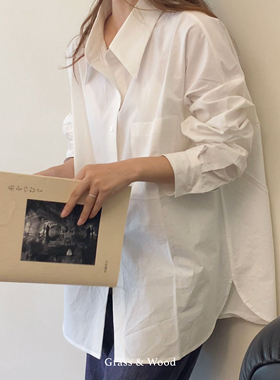 Grass&Wood美国匹马棉白衬衫日本盐缩微皱肌理经典廓形女宽松休闲