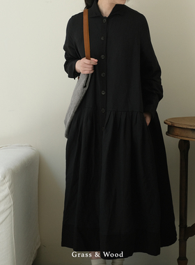 Grass&Wood亚麻天丝长裙黑色经典系扣连衣裙阔摆拼接风衣春新品