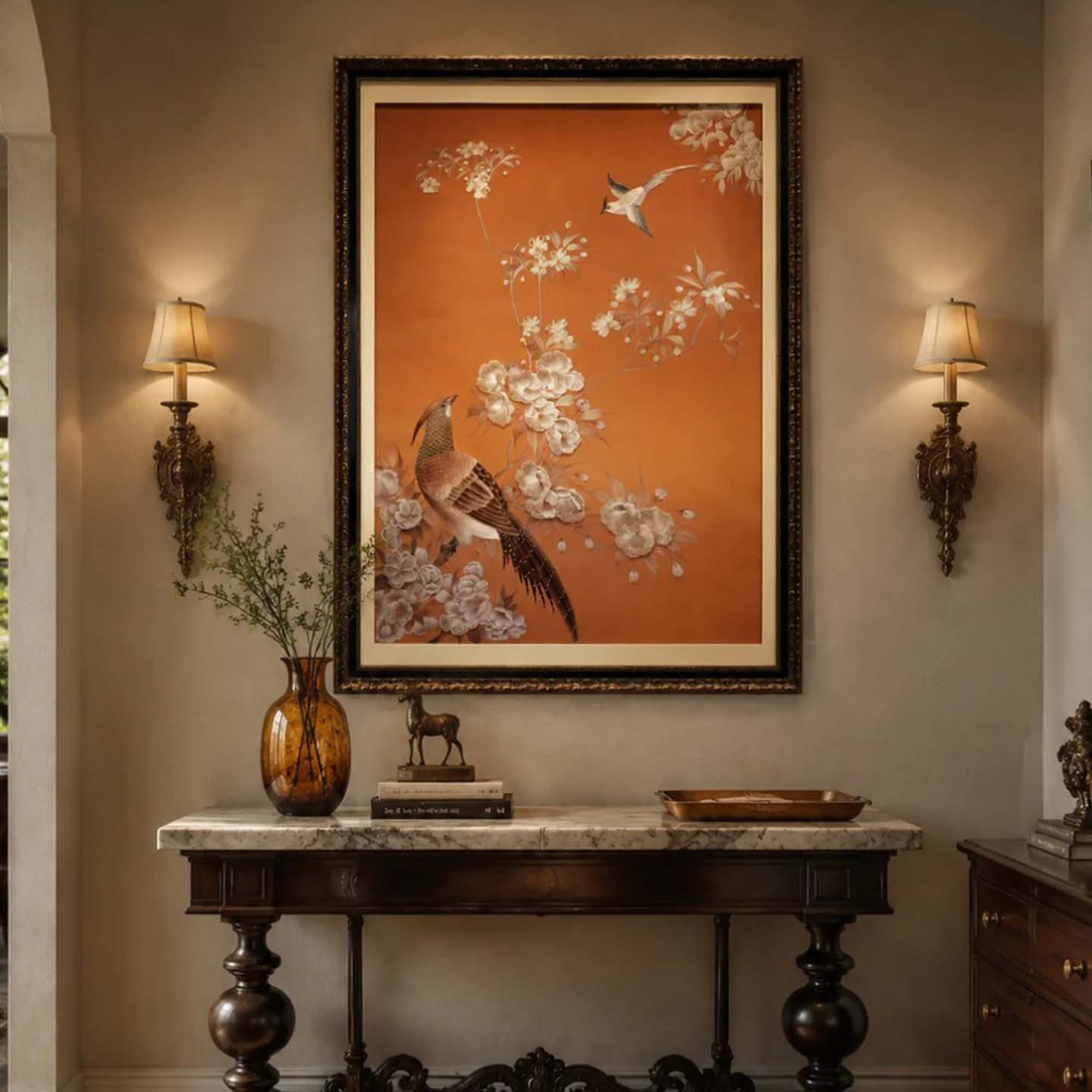 锦禽芳序》中古风花鸟装饰画玄关茶室挂画客厅新中式高级感挂壁画