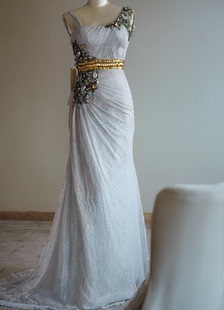 瑕疵原单女神手工亚克力钉珠长款 拖尾晚宴酒会艺考主持晚礼服孤品