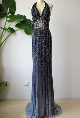 法国低胸露背拖地酒会演出晚礼服